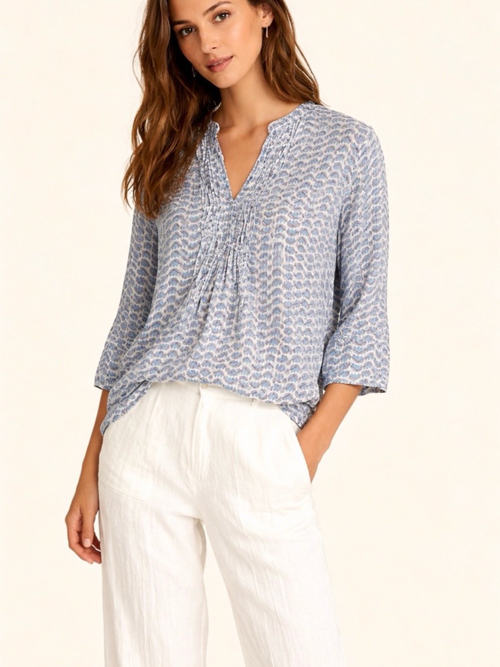 OLIPHANT Block Print Pleated Cotton Lightweight Blouse Top Blue Size L